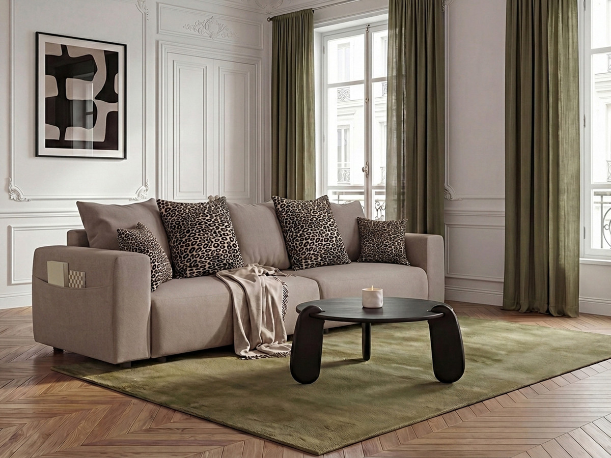 canape droit convertible sidonie avec coussins a motif leopard
