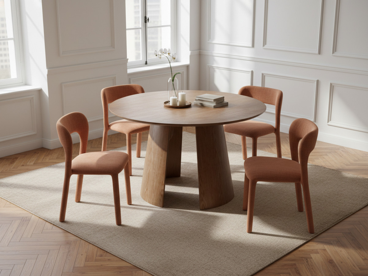 ensemble gaston avec table a manger ronde 120 cm placage chene 4 chaises pia