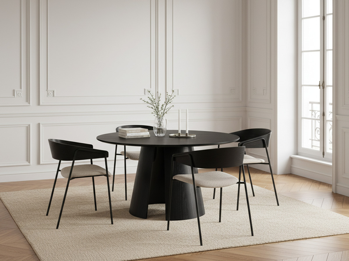 ensemble gaston avec table a manger ronde 120 cm placage chene chaises soren tissu texture