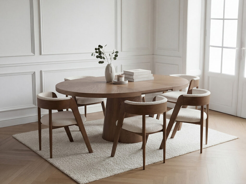 ensemble sugiton avec table a manger ronde extensible 130 a 180 cm 4 chaises bastide placage chene massif