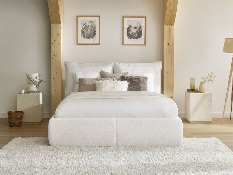 lit coffre garance avec tete de lit effet oreiller tissu bouclette